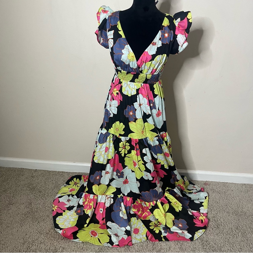 Modcloth Black Multicolor Floral V~Neck Smocked‎ Ruffle Tiered Maxi Dress Sz XS